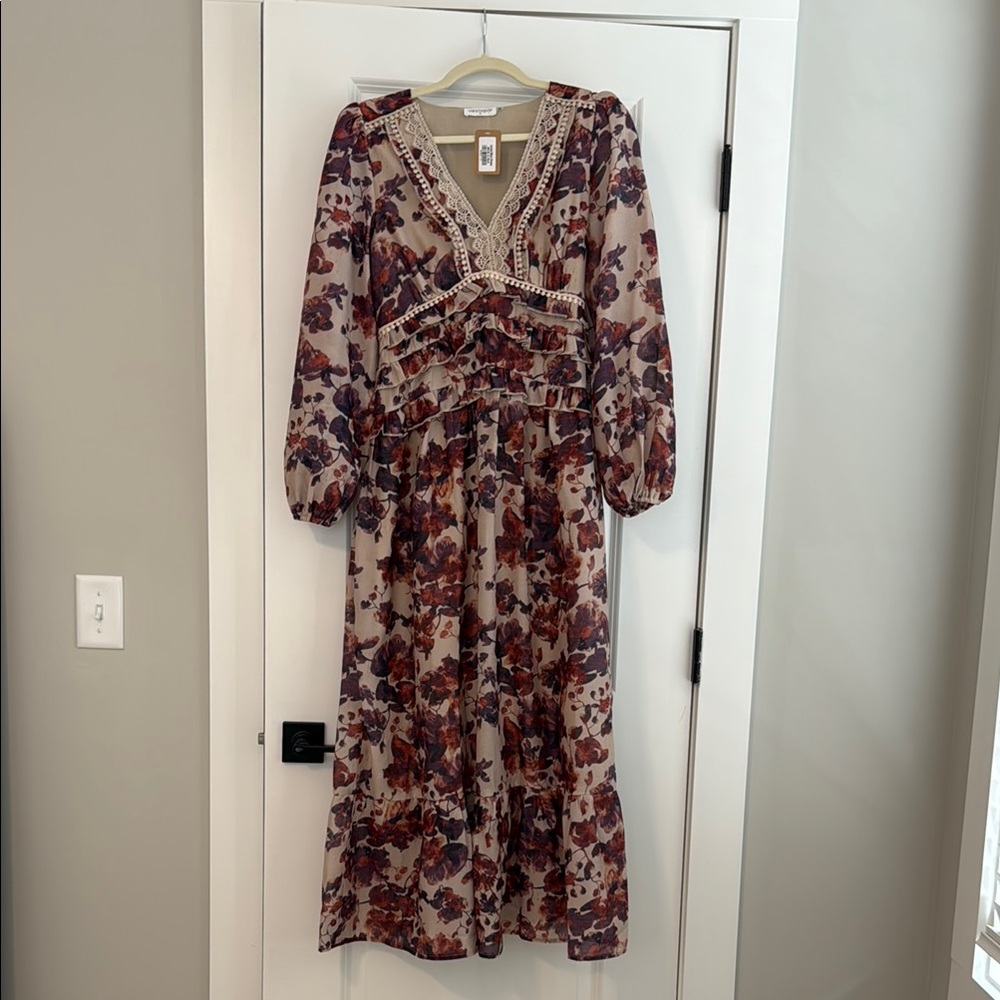 Vestique Cream and Purple Maxi Dress with Bishop Sleeves